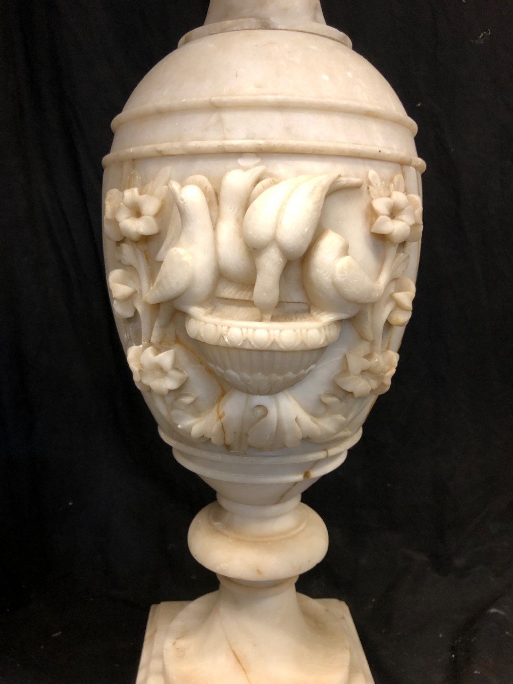 C19th large alabaster vase with carved birds  View II