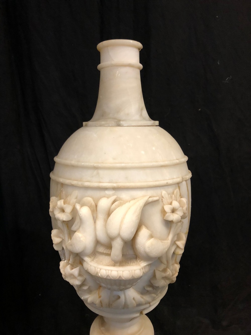 C19th large alabaster vase with carved birds  View III
