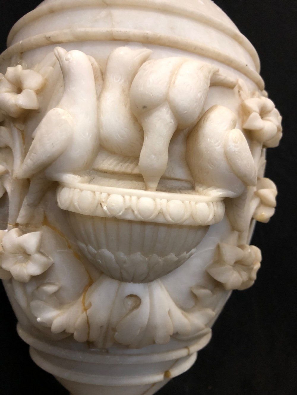 C19th large alabaster vase with carved birds  View X