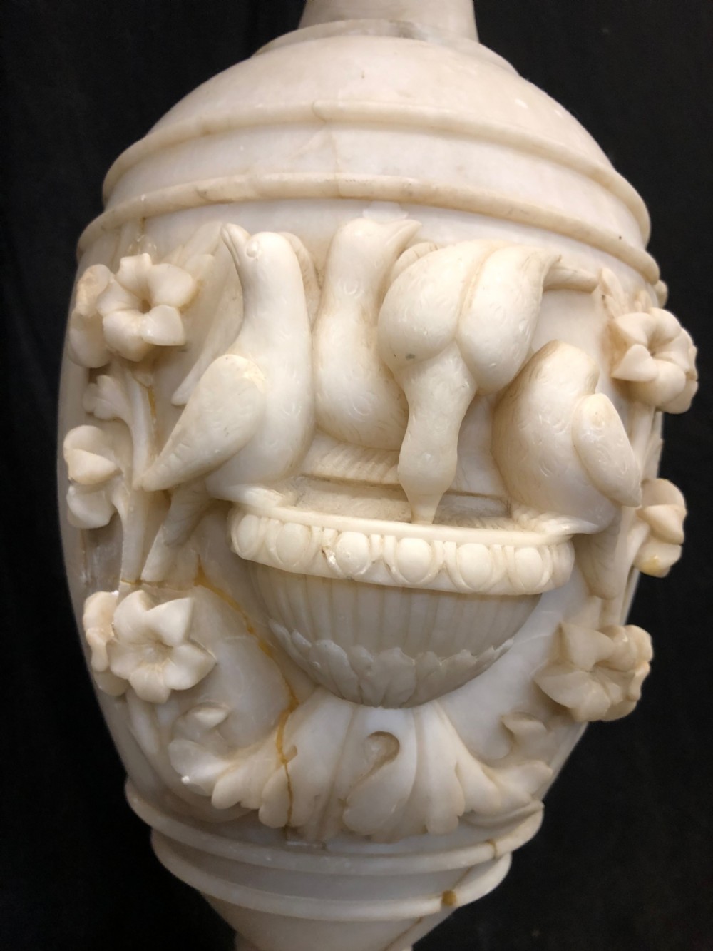 C19th large alabaster vase with carved birds  View XI