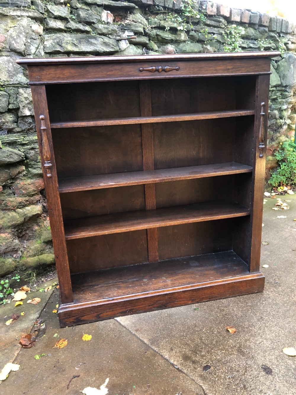 Edwardian oak open bookcase  View II