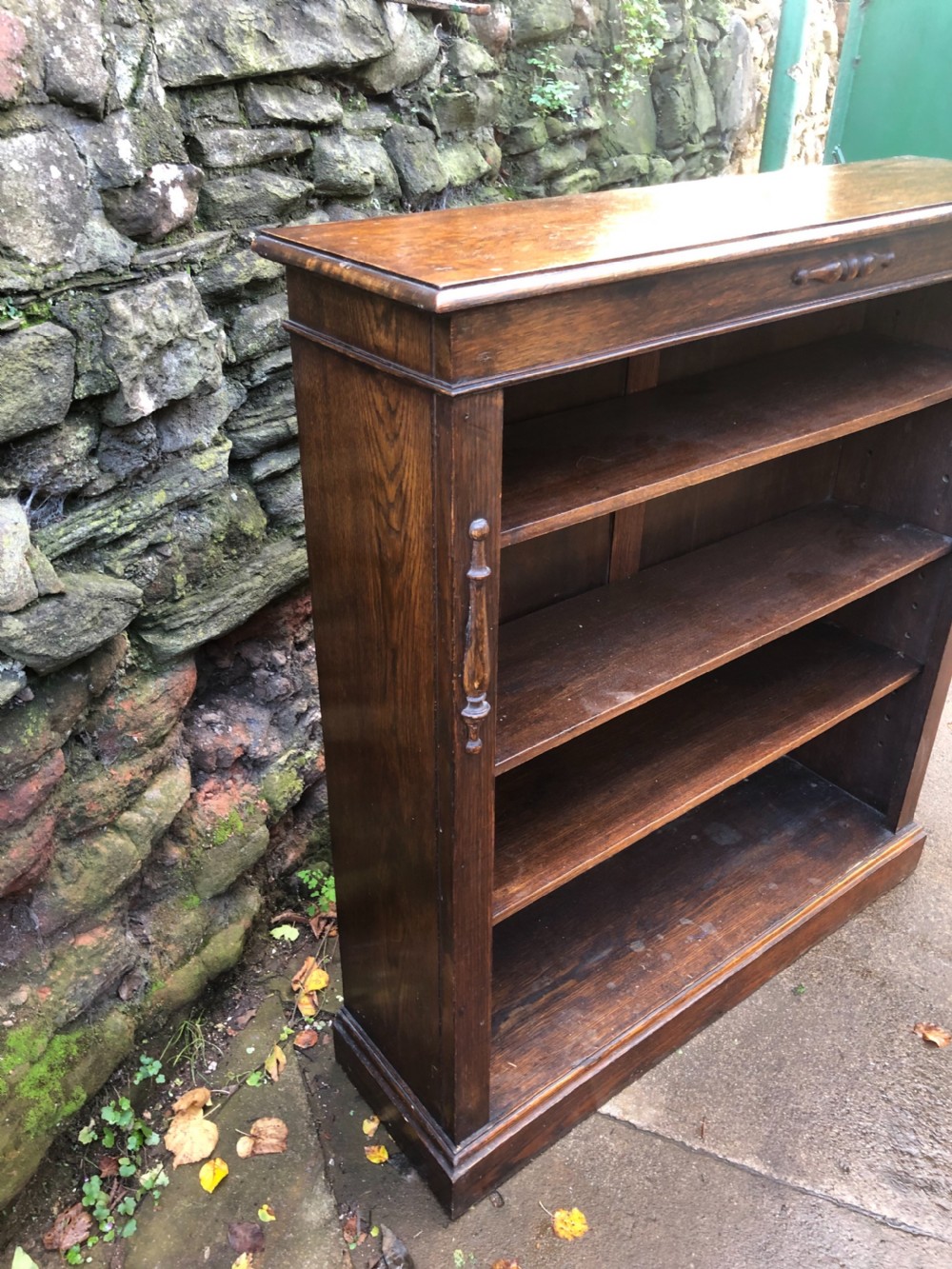 Edwardian oak open bookcase  View III