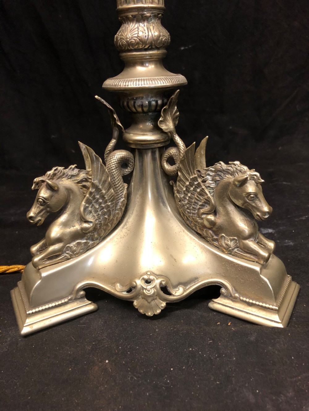 Edwardian plated table lamp with hippocampus to the base View III