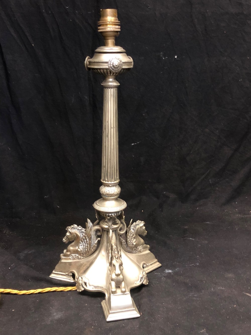 Edwardian plated table lamp with hippocampus to the base View V