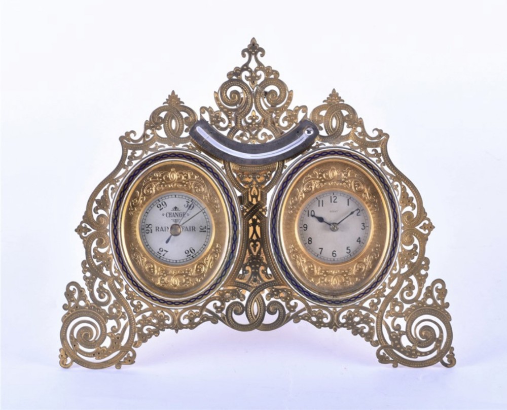 A gilt bronze and enamelled clock and barometer desk set 
