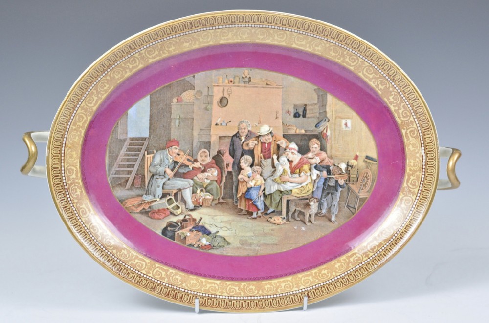 C19th prattware twin handled tazza, with central panel being the blind fiddler by sir David Wilkie