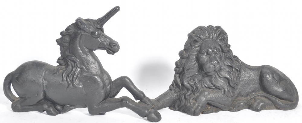 C19th lion and unicorn large cast iron andirons 