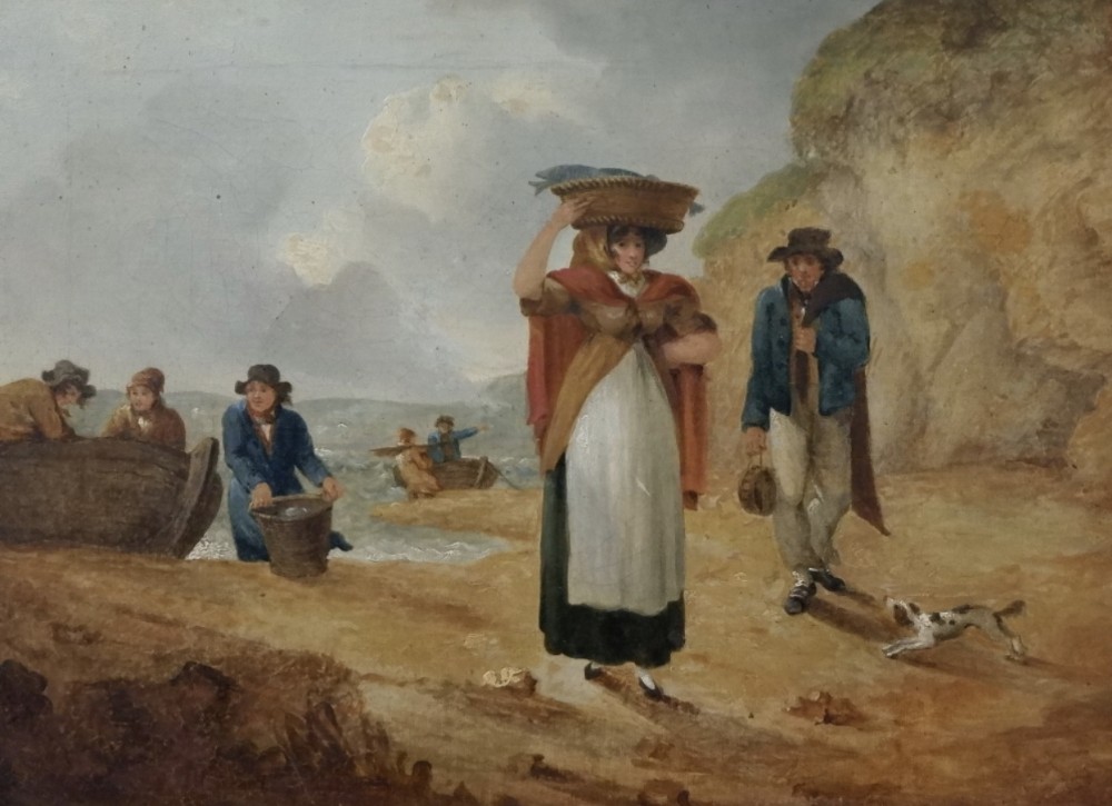 Early C19th oil on canvas of a fishlass with fishermen in boats, Dorset coast