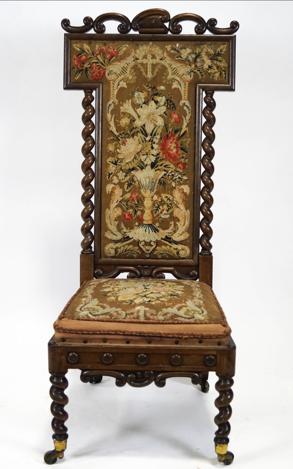 Victorian top quality framed prie dieu rosewood chair with original tapestry woolwork.