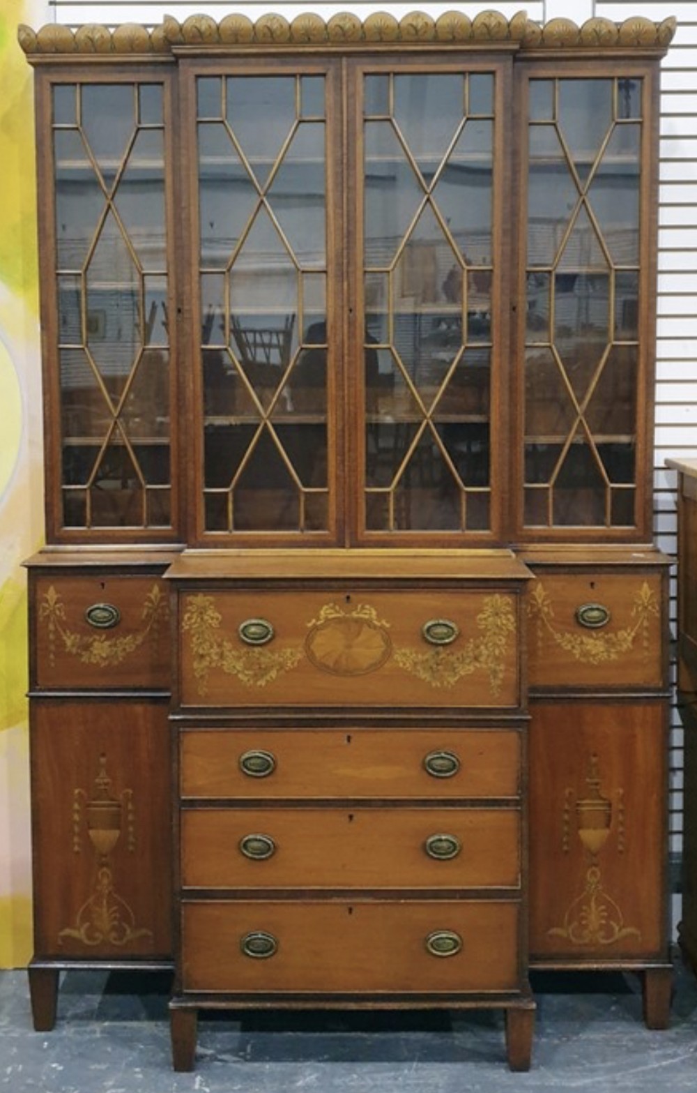 C19th satinwood inlayed and painted breakfront bookcase 
