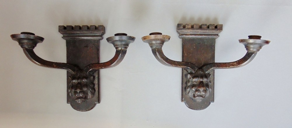 Pair of carved wooden wall lights 