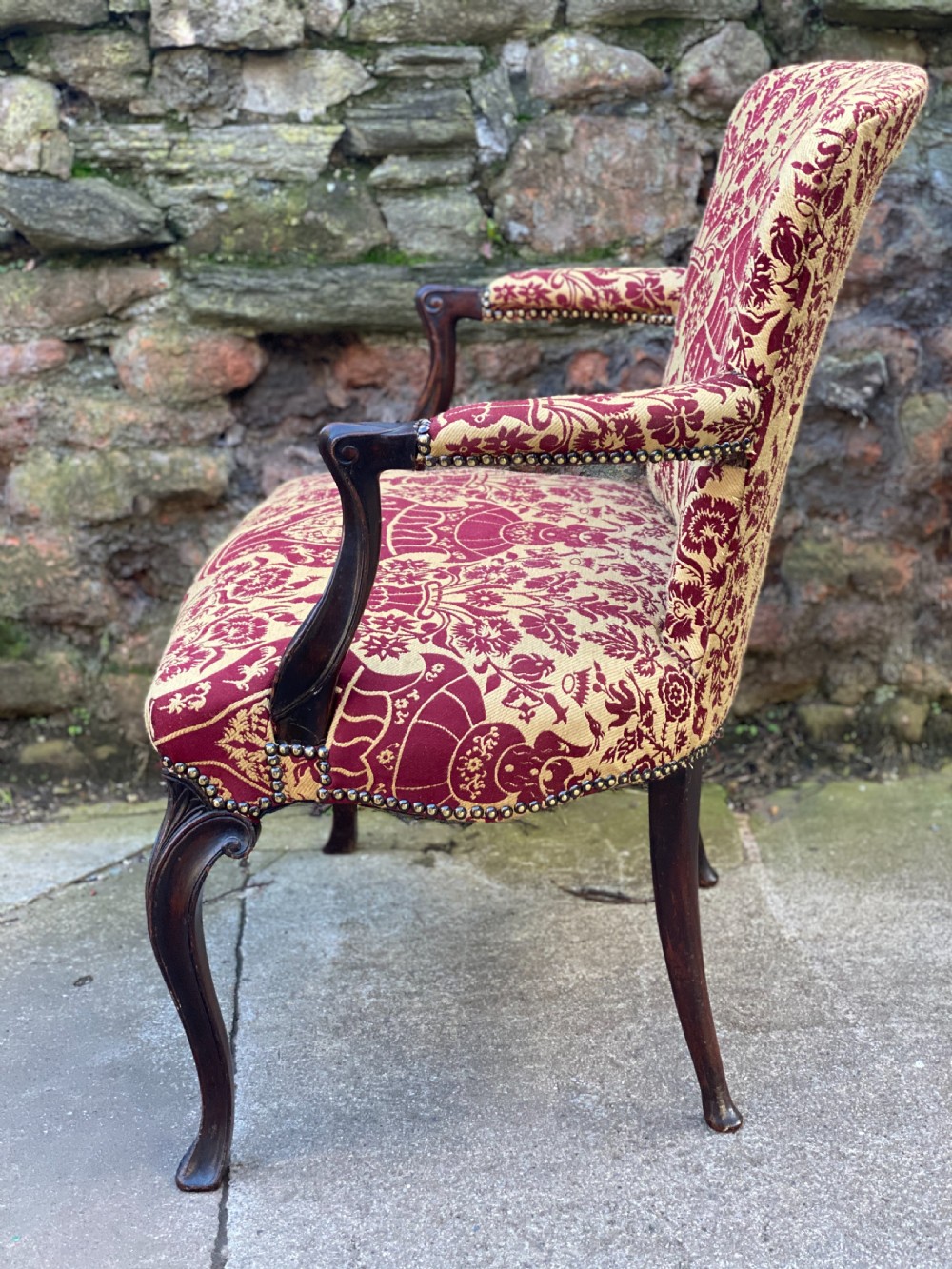 Hepplewhite armchair with red and gold coloured fabric View III