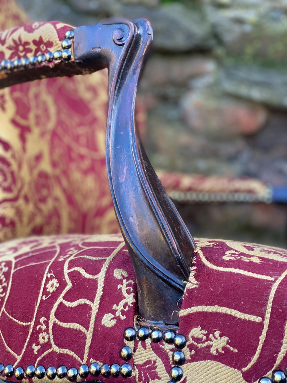 Hepplewhite armchair with red and gold coloured fabric View IX