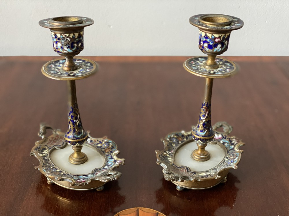 Pair of champleve candlesticks 