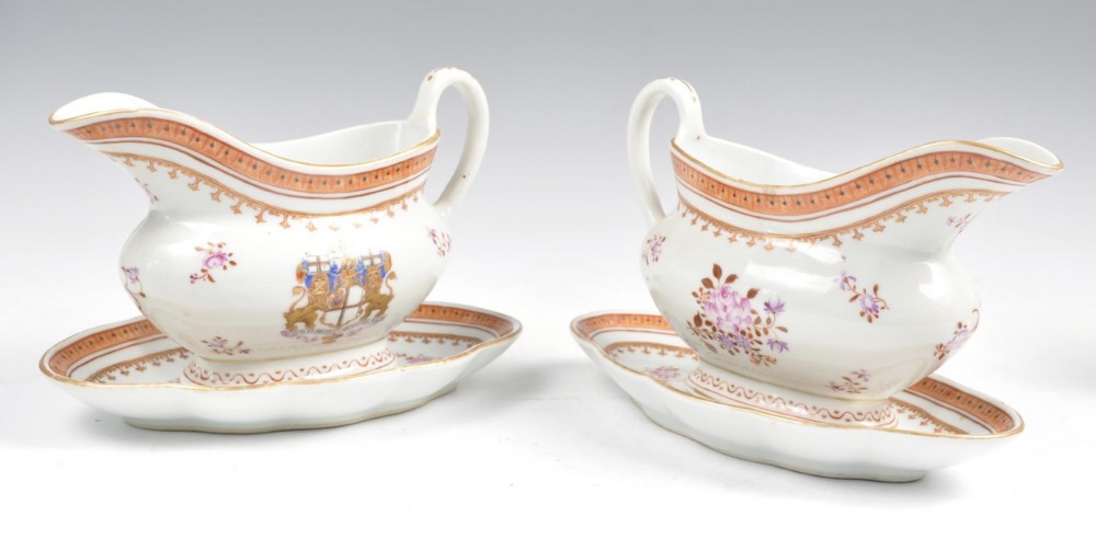 A pair of 19th century Samson armorial crested gravy boats.