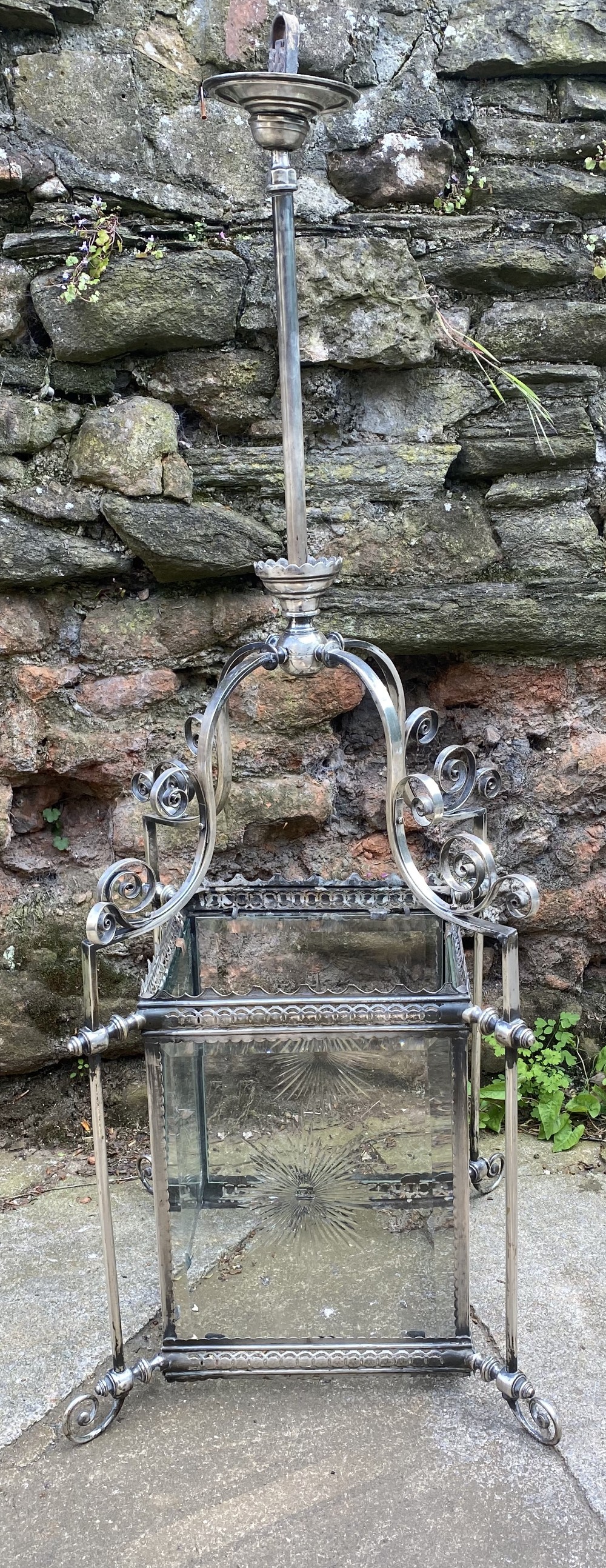 Large hall lantern in silver plate with cut glass panels 