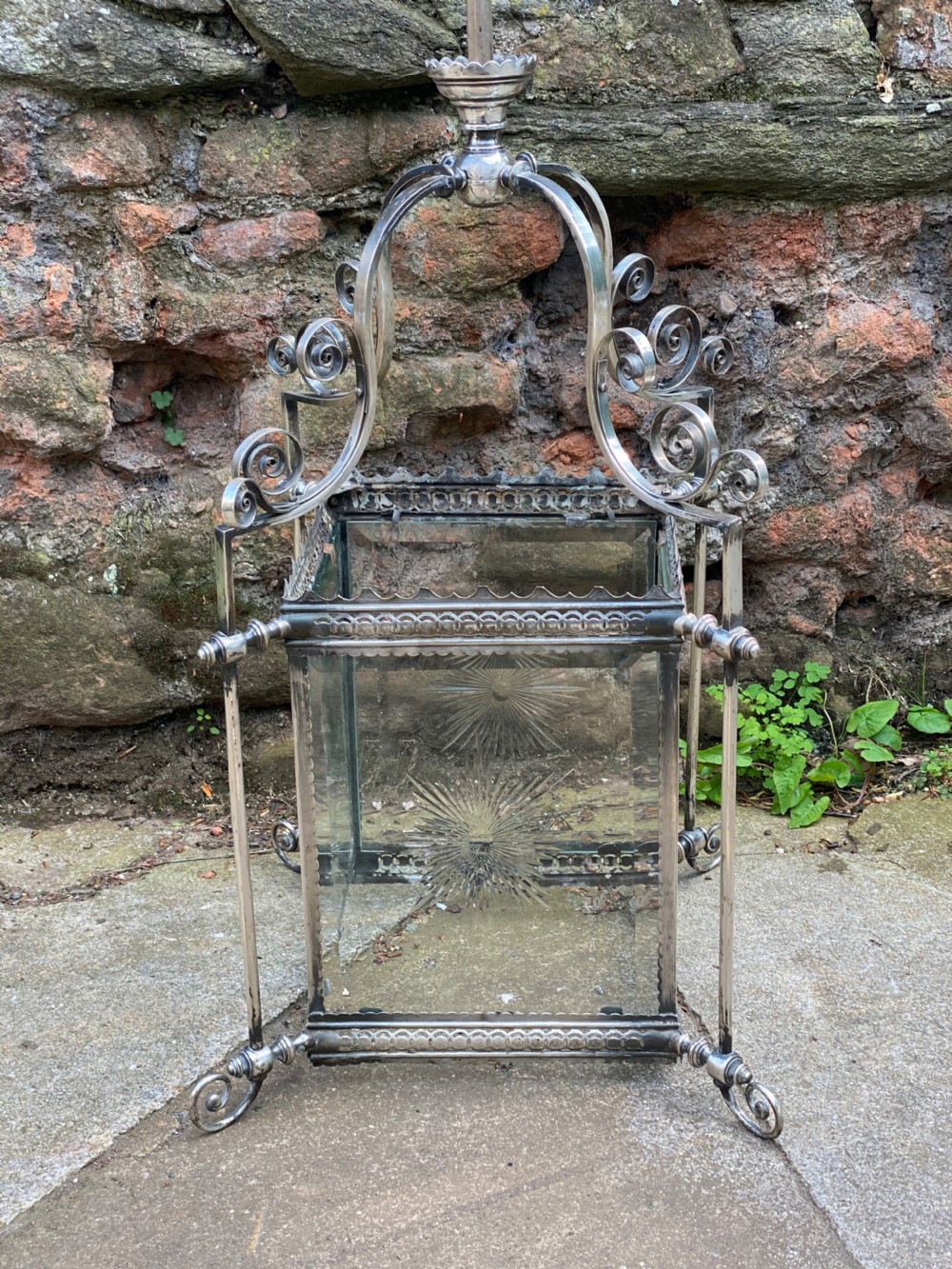 Large hall lantern in silver plate with cut glass panels  View II