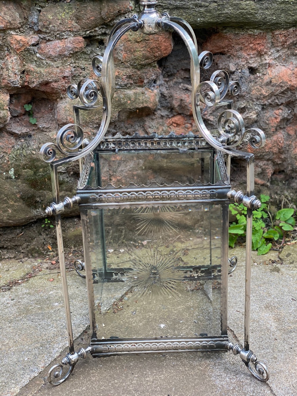 Large hall lantern in silver plate with cut glass panels  View IX