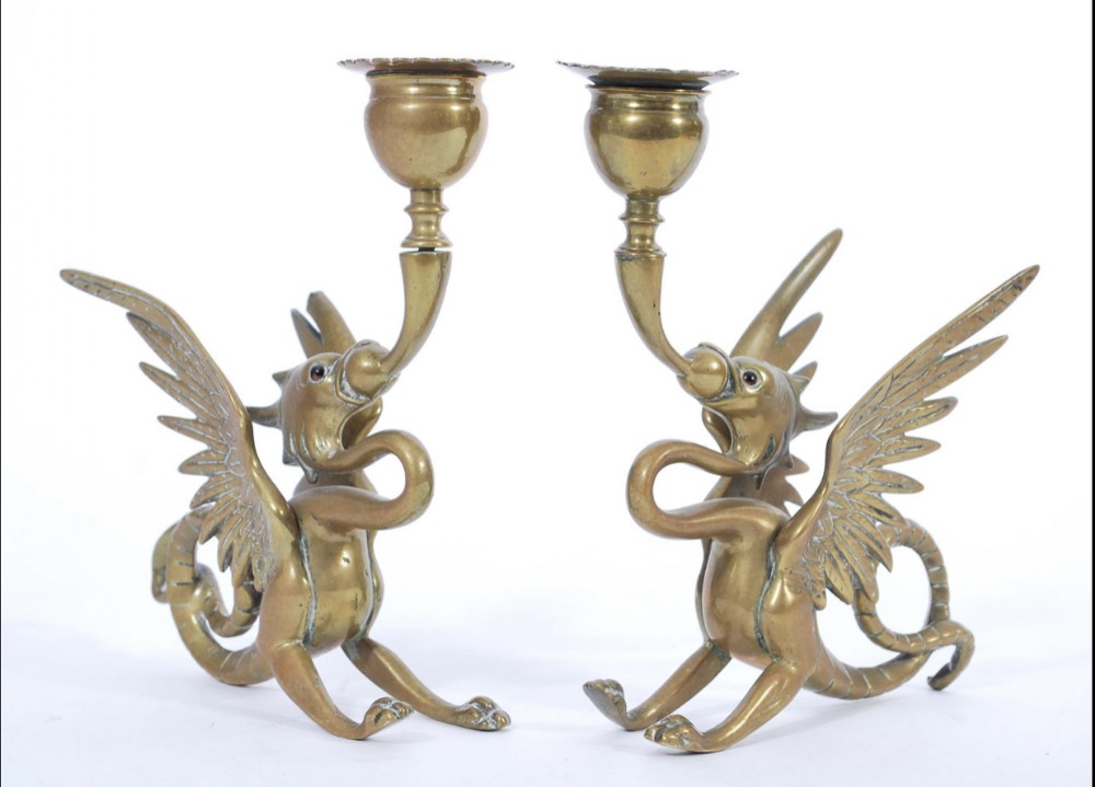 Pair of C19th cast brass dragons 