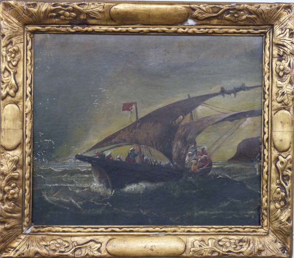 C19th Dutch seascape with Boat oil on board with gilt frame 