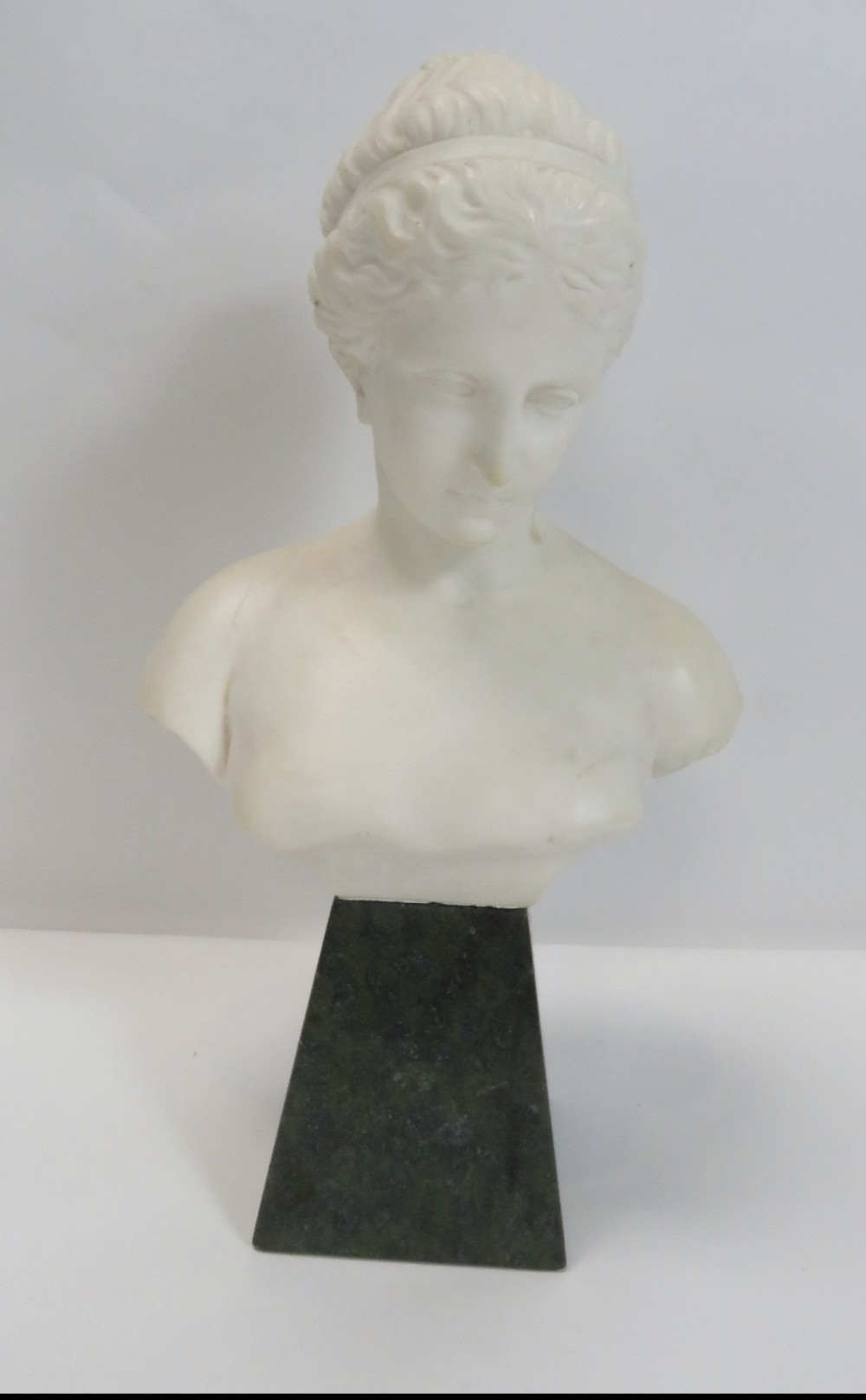 Edwardian marble classical bust on stylised green marble base 