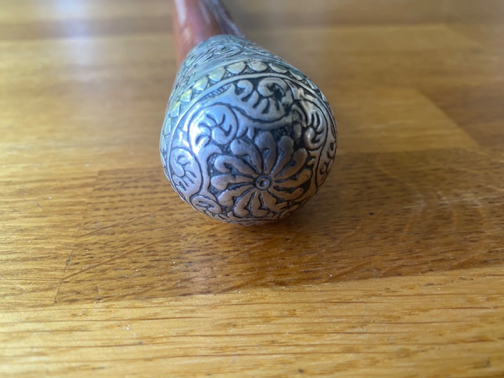 C19th white metal embossed topped malacca walking cane  View II