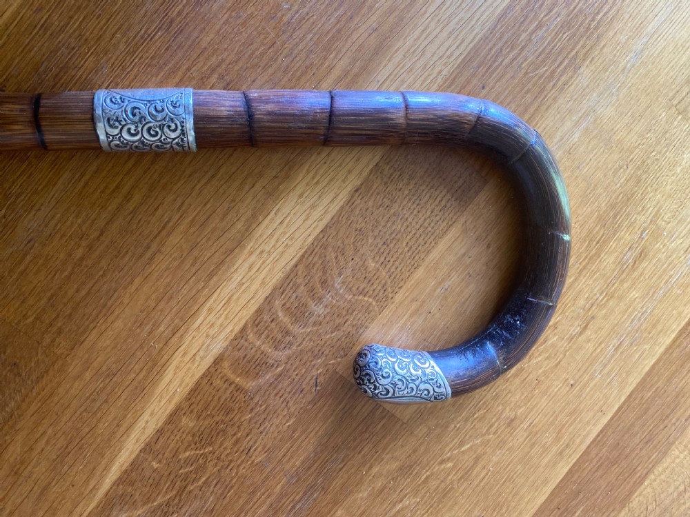 Silver collared and tipped palm wood walking stick View IV