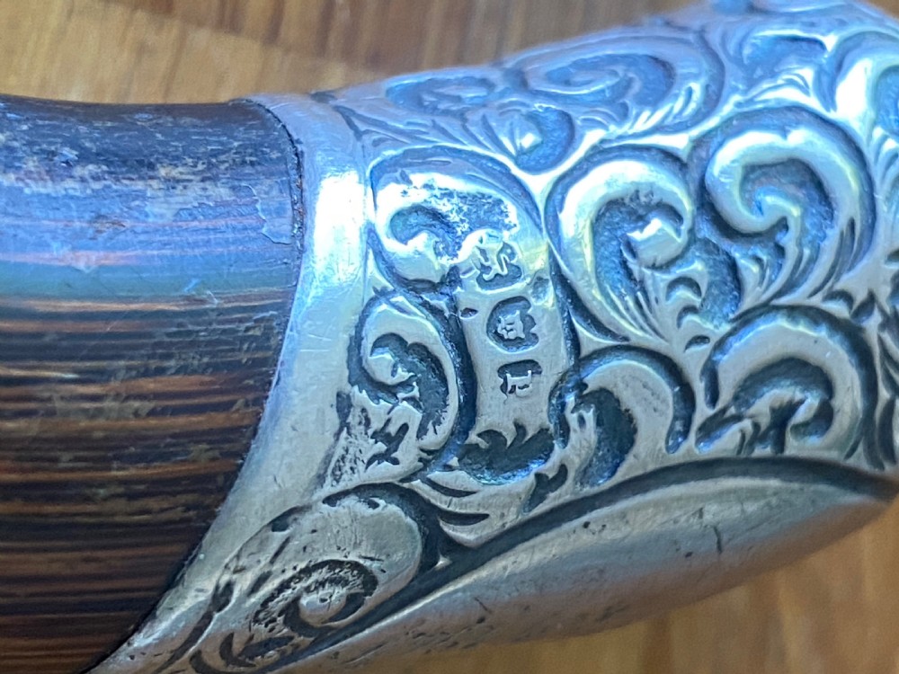 Silver collared and tipped palm wood walking stick View IX
