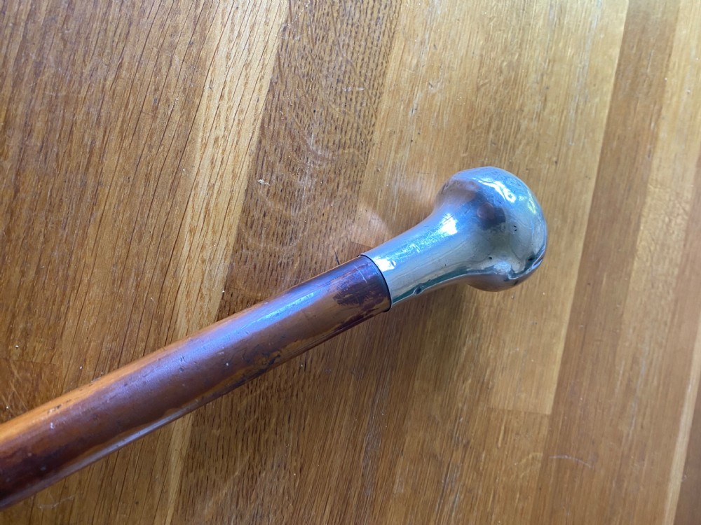 A bulbous white metal topped cane monogrammed RM or MR View II