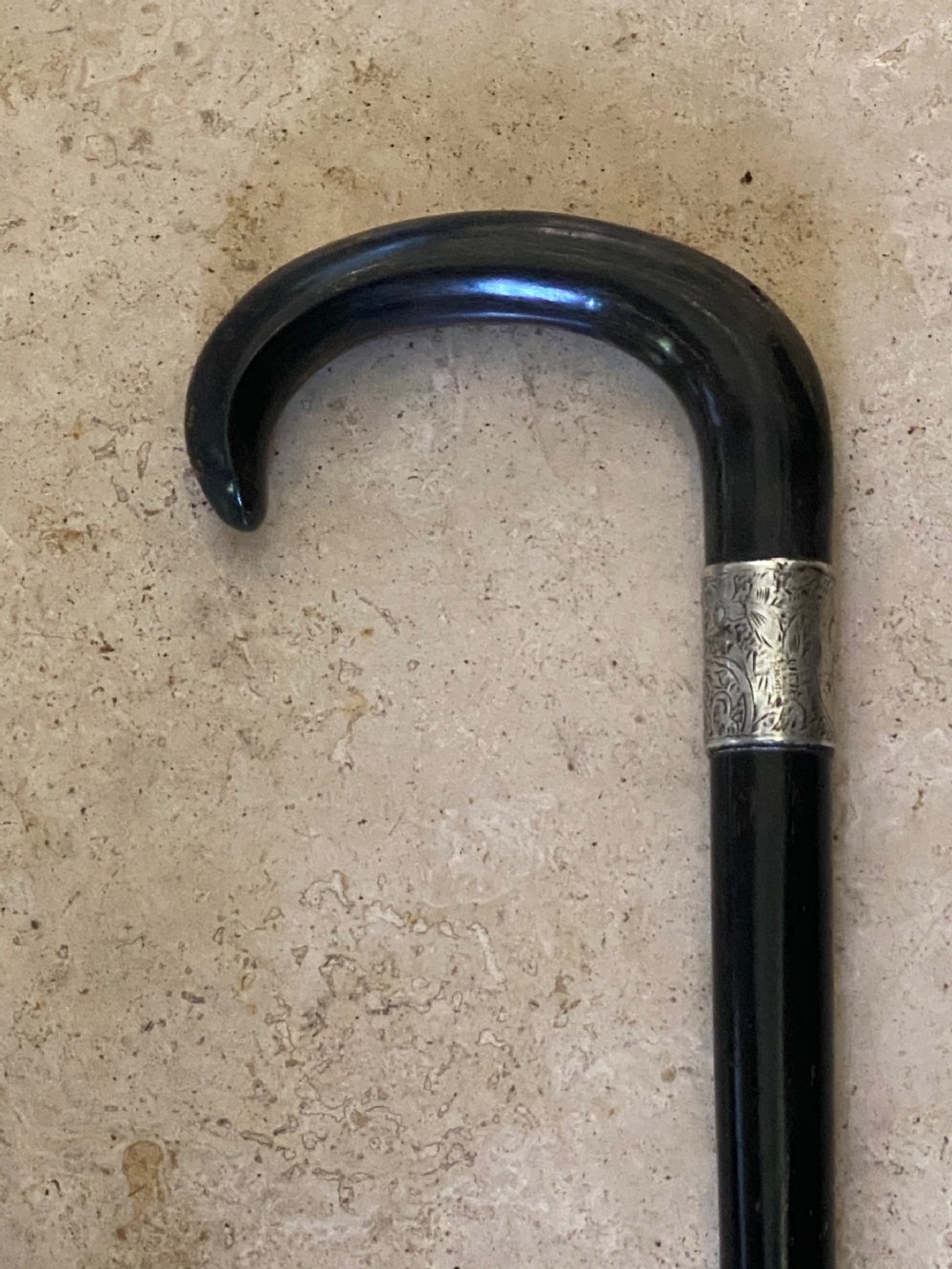 Walking stick horn handle hallmarked collar