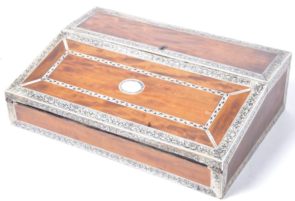 A vizagapatam sandlewood and ivory inlaid writing slope. 