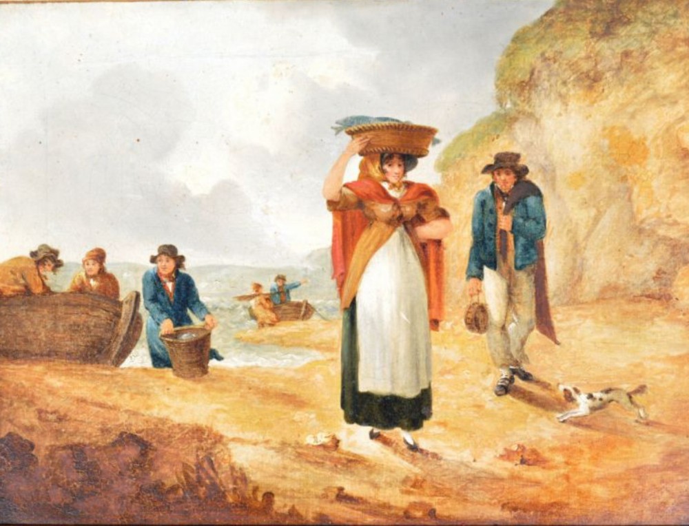 Early C19th English Oil painting On canvas of fishing scene 