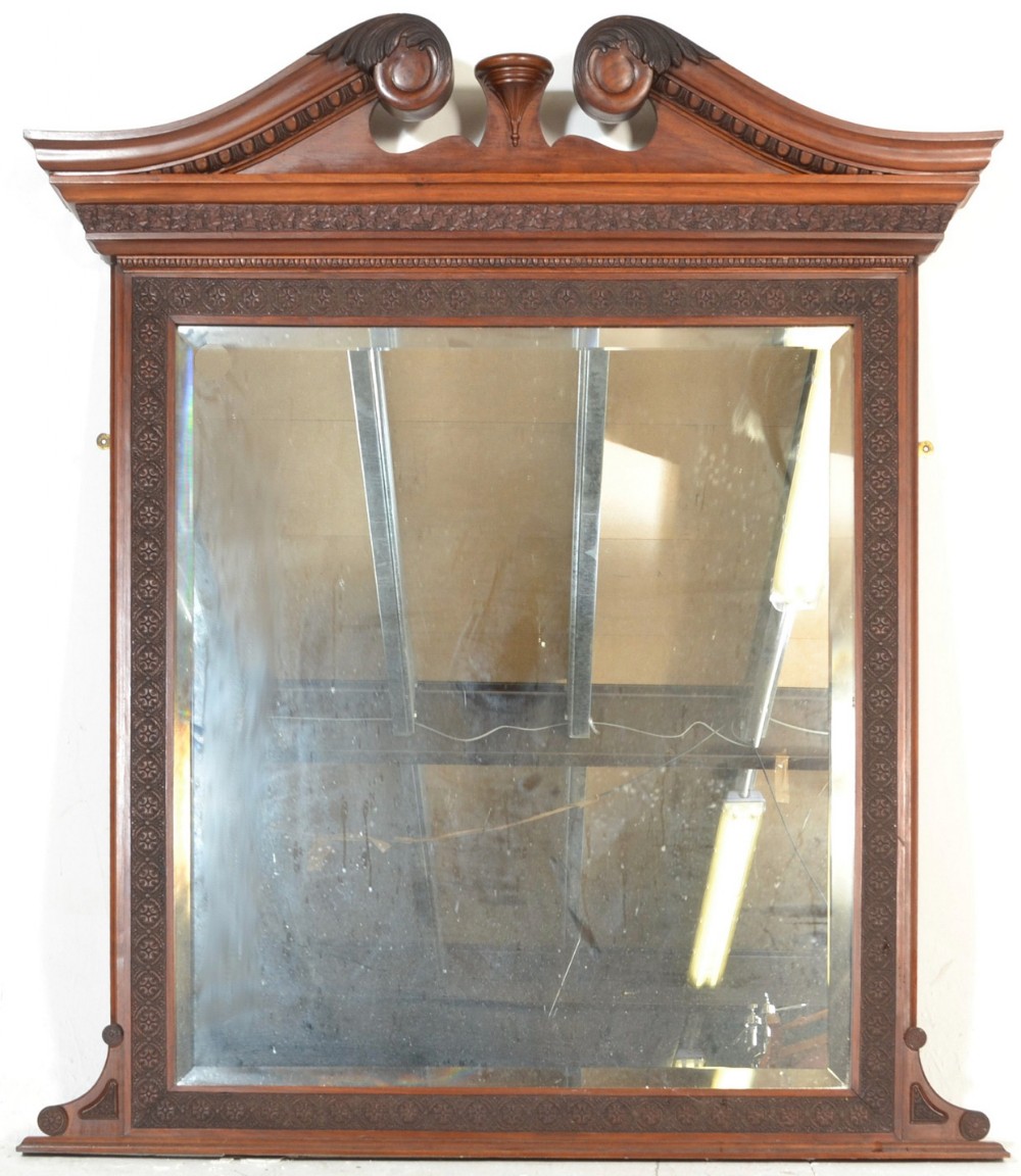 Large wooden mahogany carved mirror with swan pediment 