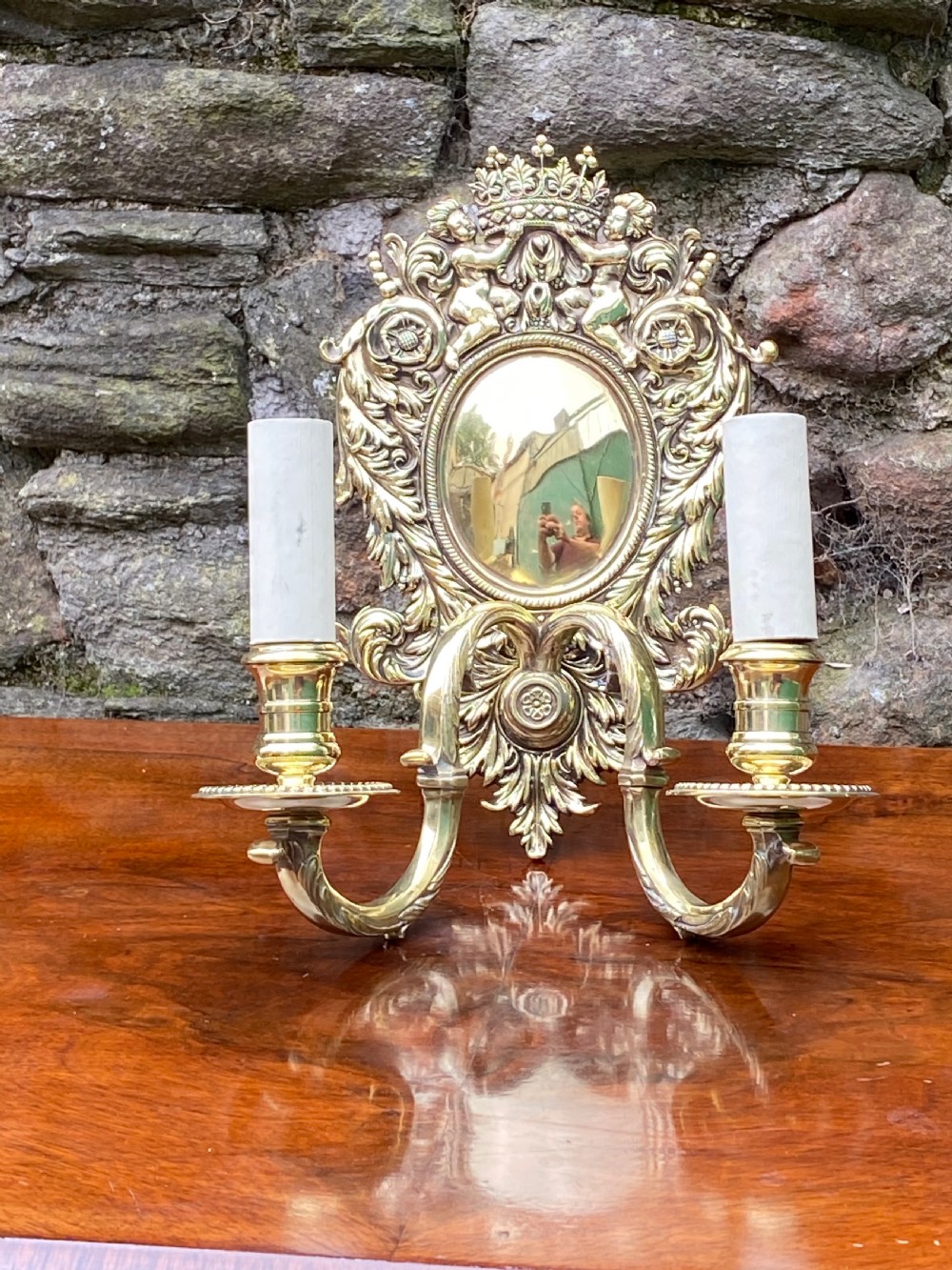 C19th brass twin armed wall light  View II