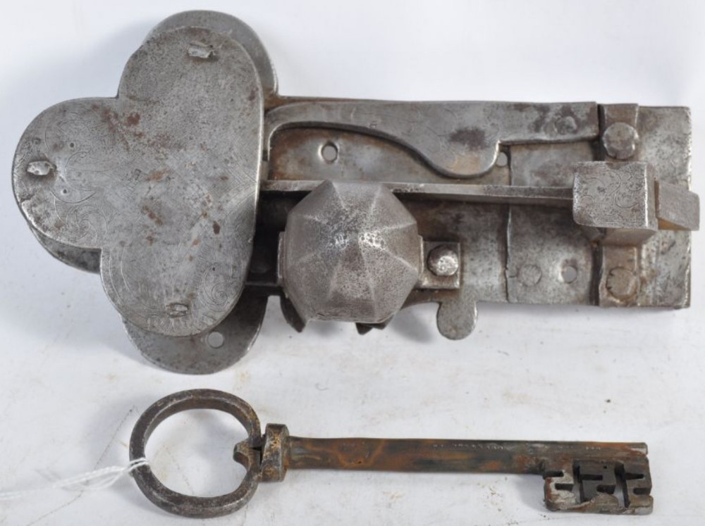 C17th German engraved steel lock and key