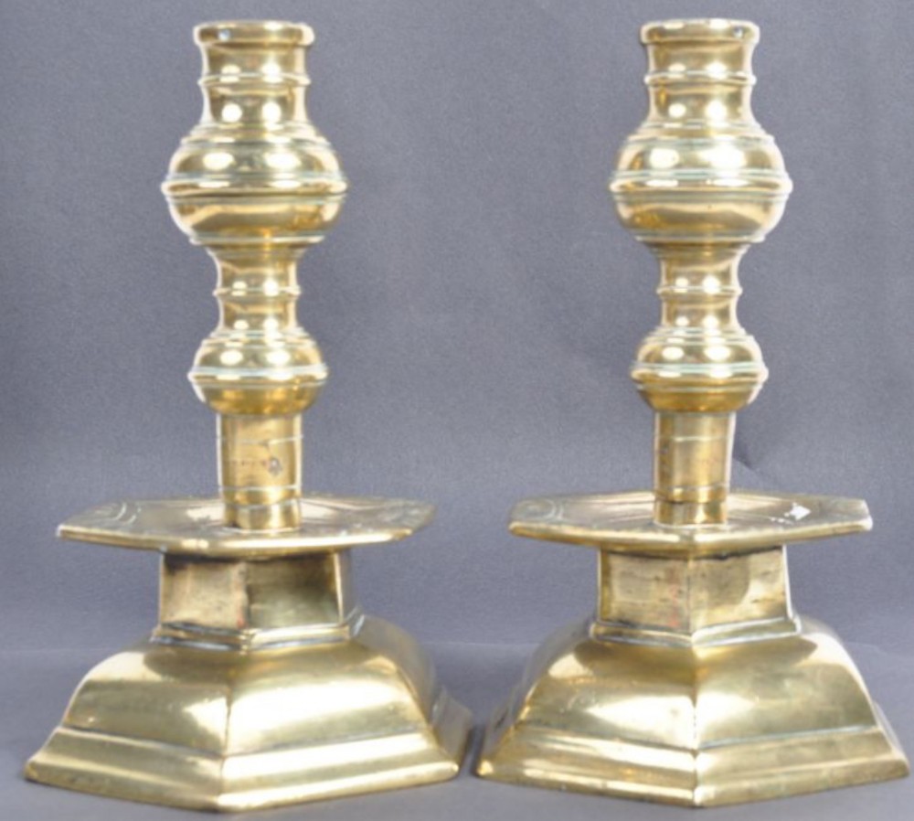 Pair of early C18th heavy Cast brass Candlesticks 