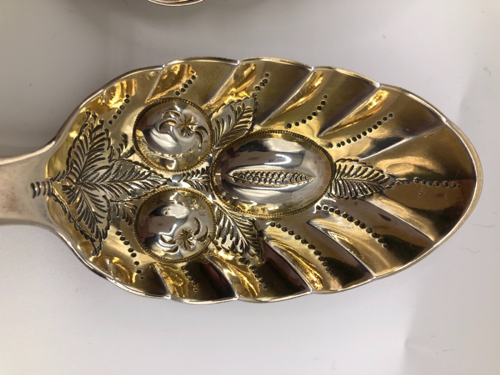 A pair of sterling silver serving spoons featuring gilded bowls with raised fruit motifs and elaborately chased handles ending in shell designs. View VII