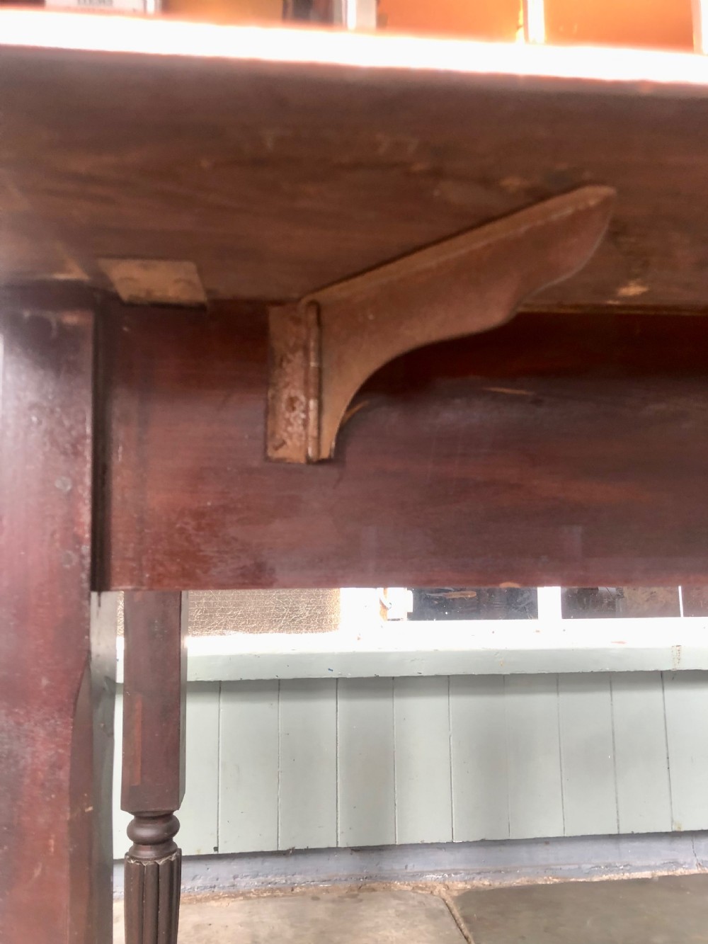 An antique oak chapel table featuring a rectangular drop-leaf top, a single end drawer with a metal handle, and dark turned reeded legs. View IX