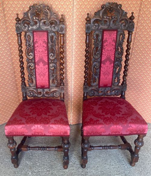 Pair of Baronial Carved Oak Upholstered Hall Chairs