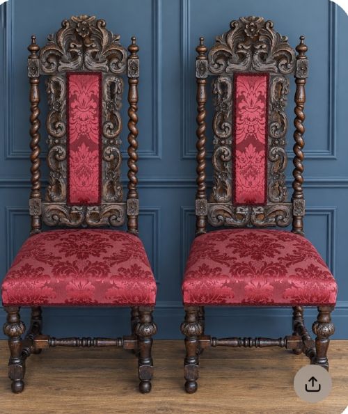 Pair of Baronial Carved Oak Upholstered Hall Chairs