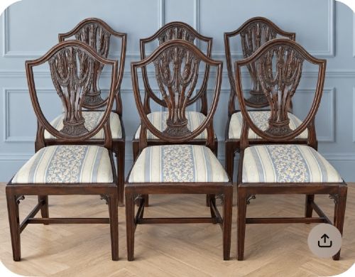 fig 1. Set of eight mahogany Regency dining chairs featuring openwork carved shield backs and patterned upholstered seats.