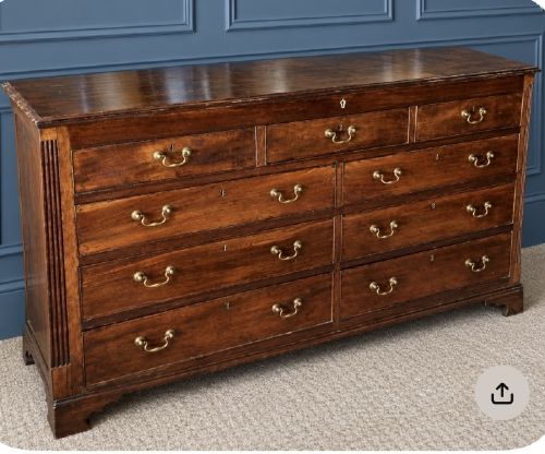 fig 1. An eighteenth-century mahogany chest of drawers with multiple horizontal drawers fitted with brass swan-neck handles and keyhole escutcheons.