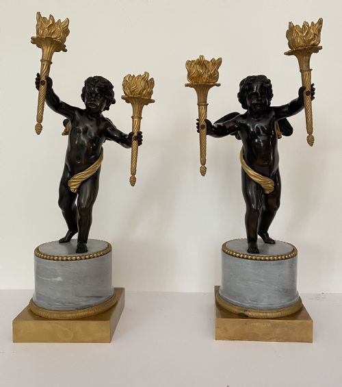 Pair of French Bronze and Gilt Bronze Putti Candelabra. Circa 1900