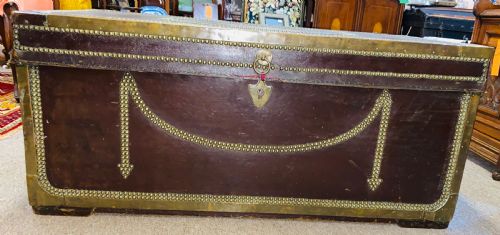 Large Military Campaign Chest in Leather Covered Camphor Wood