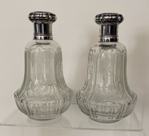 Pair of French Etched & Silver Capped Scent Bottles. Circa 1900