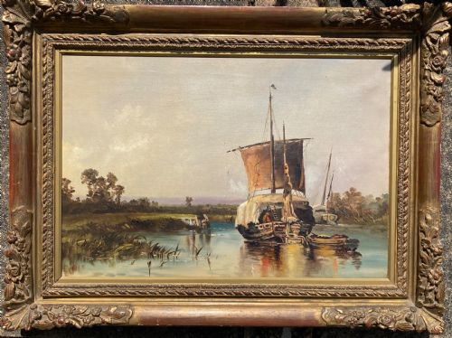 English School of a Wherry on the Broads. 19th Century Oil on Canvas