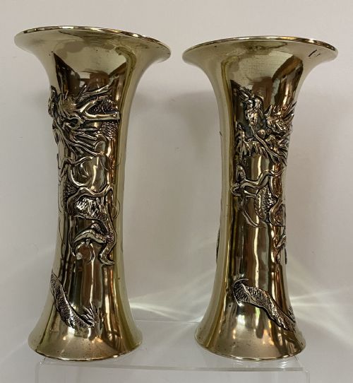 Pair of Chinese Brass Vases with Dragons. Circa 1900