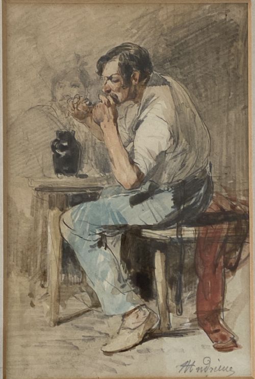 French Watercolour of Man Smoking