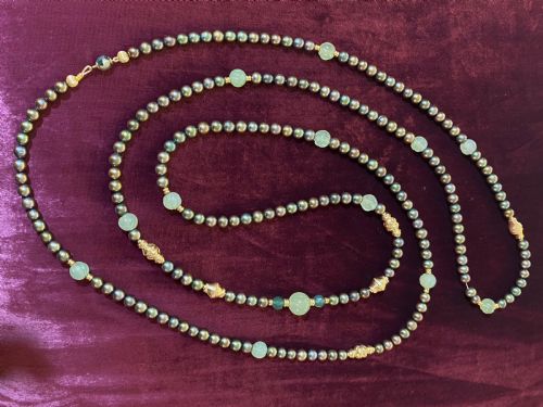 Jka Black Pearl and Carved Jade Opera Length Necklace