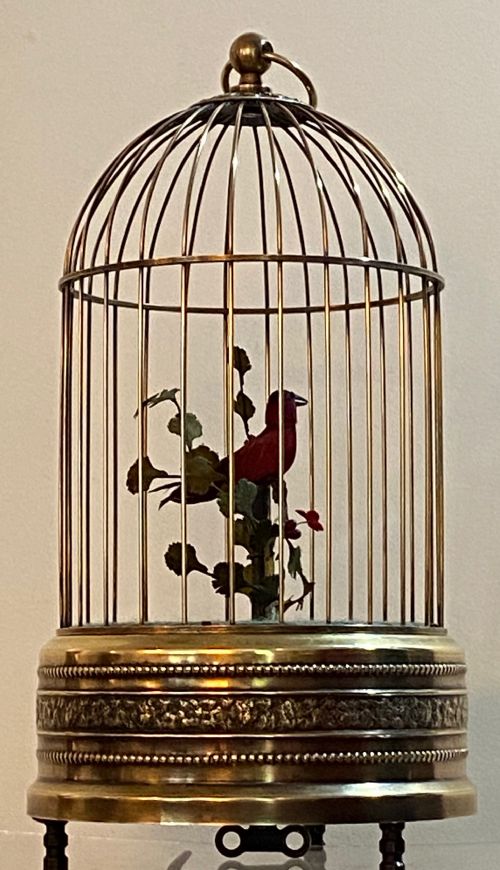 French Singing Bird Automaton  in Brass Cage